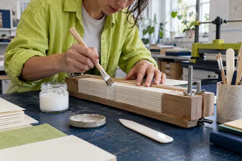 Book signatures being prepared and glued for binding