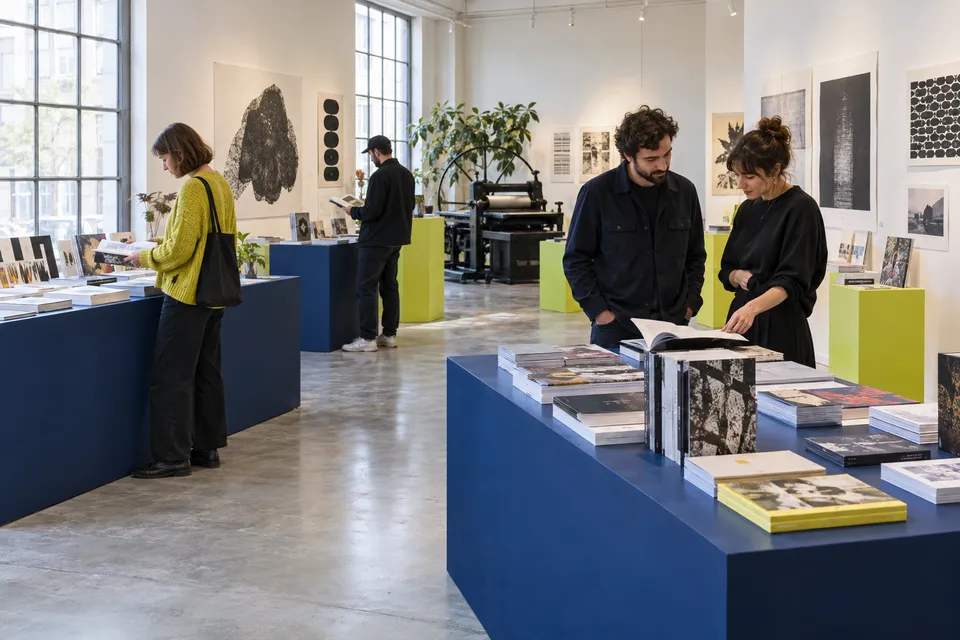 Visitors looking at a small publication display