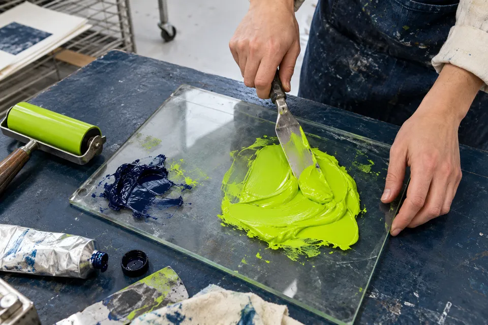 Printing ink mixed on a glass surface