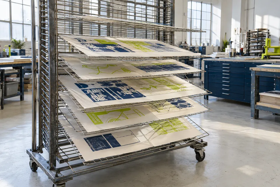 Freshly printed proofs drying on a rack